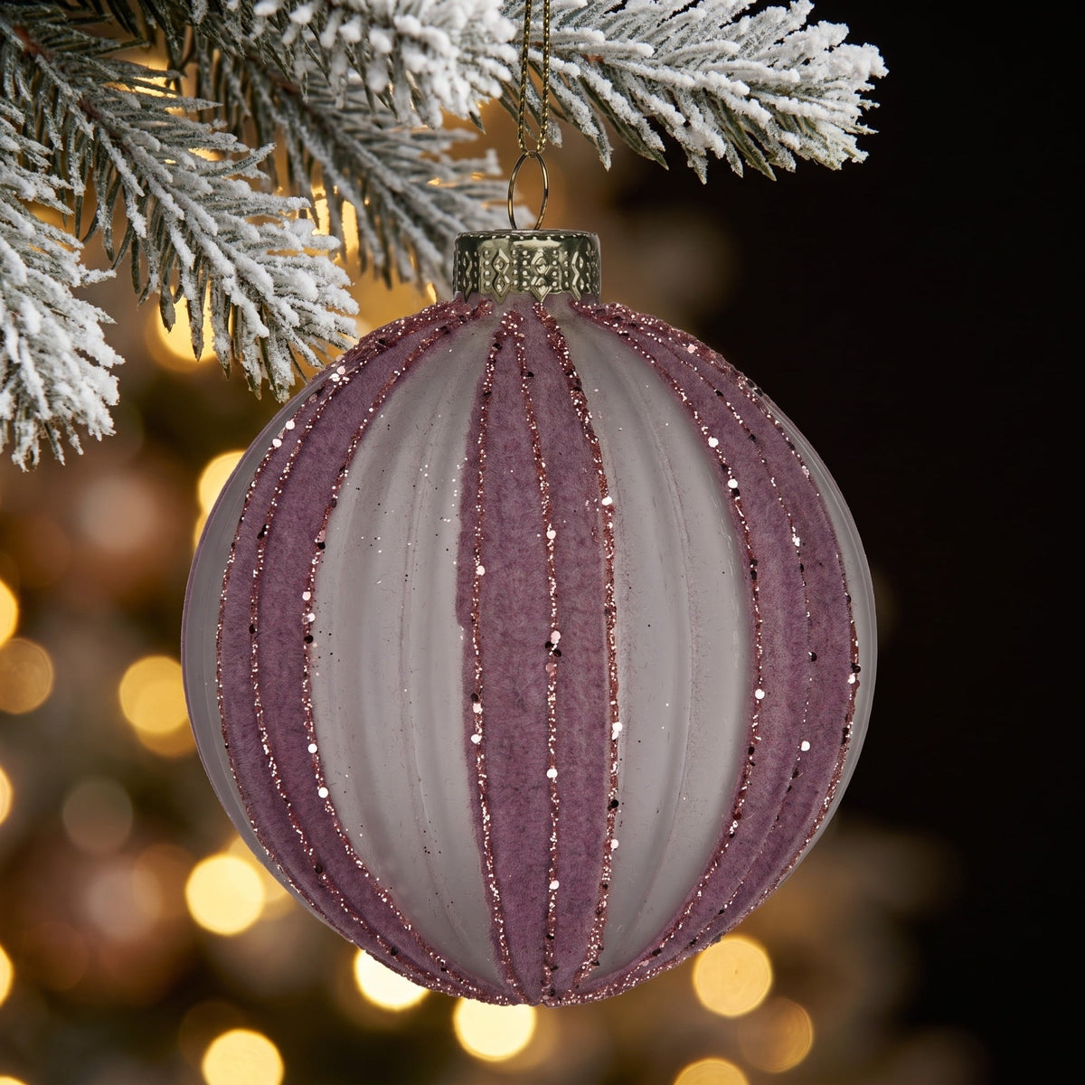 Christabelle 6 Dusty Pink Glass Christmas Baubles White Striped 8cm Xmas Tree Decorations Hanging Ornaments
