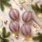 Christabelle 6 Dusty Pink Glass Christmas Baubles White Striped 8cm Xmas Tree Decorations Hanging Ornaments