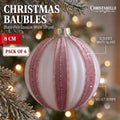 Christabelle 6 Dusty Pink Glass Christmas Baubles White Striped 8cm Xmas Tree Decorations Hanging Ornaments