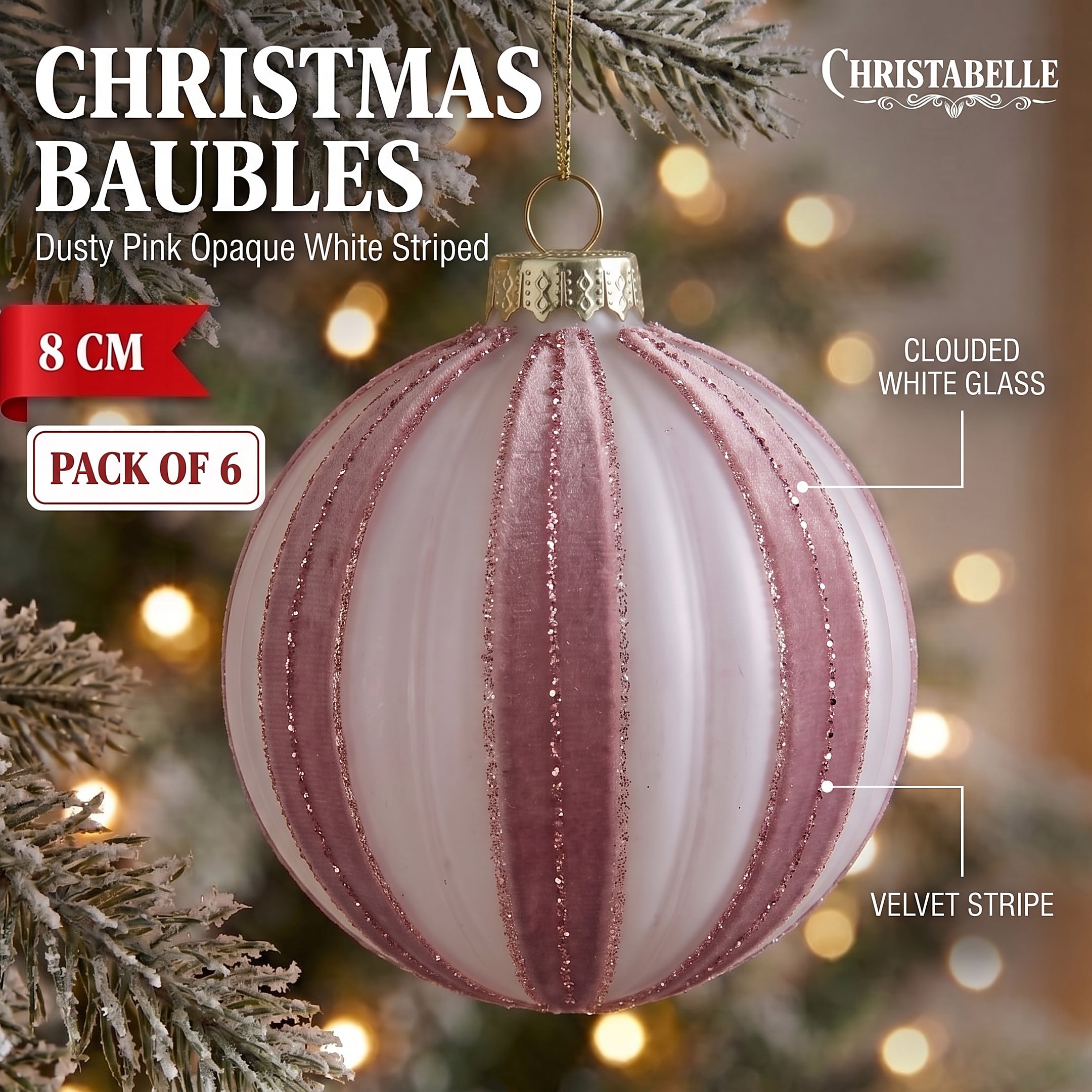Christabelle 6 Dusty Pink Glass Christmas Baubles White Striped 8cm Xmas Tree Decorations Hanging Ornaments