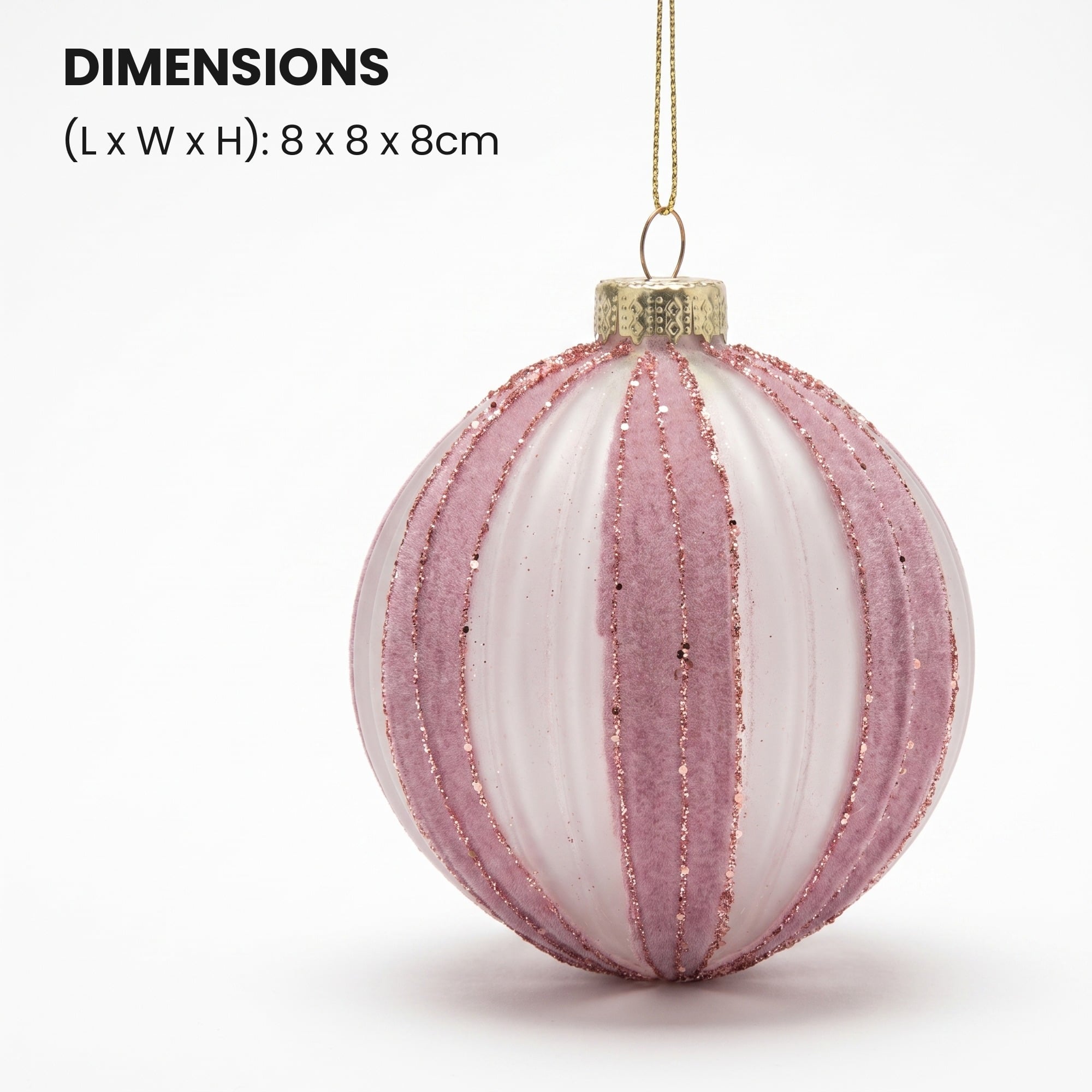 Christabelle 6 Dusty Pink Glass Christmas Baubles White Striped 8cm Xmas Tree Decorations Hanging Ornaments