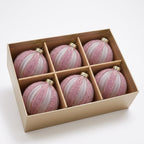 Christabelle 6 Dusty Pink Glass Christmas Baubles White Striped 8cm Xmas Tree Decorations Hanging Ornaments
