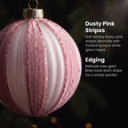 Christabelle 6 Dusty Pink Glass Christmas Baubles White Striped 8cm Xmas Tree Decorations Hanging Ornaments