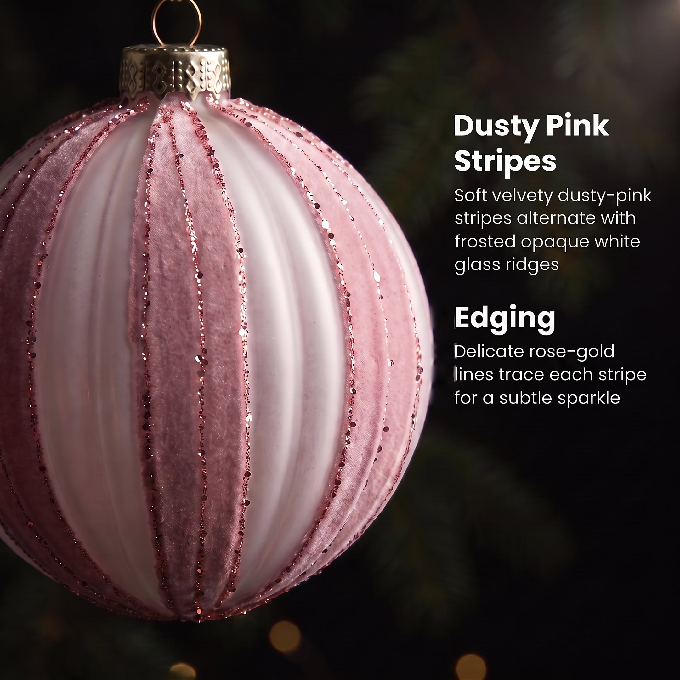 Christabelle 6 Dusty Pink Glass Christmas Baubles White Striped 8cm Xmas Tree Decorations Hanging Ornaments