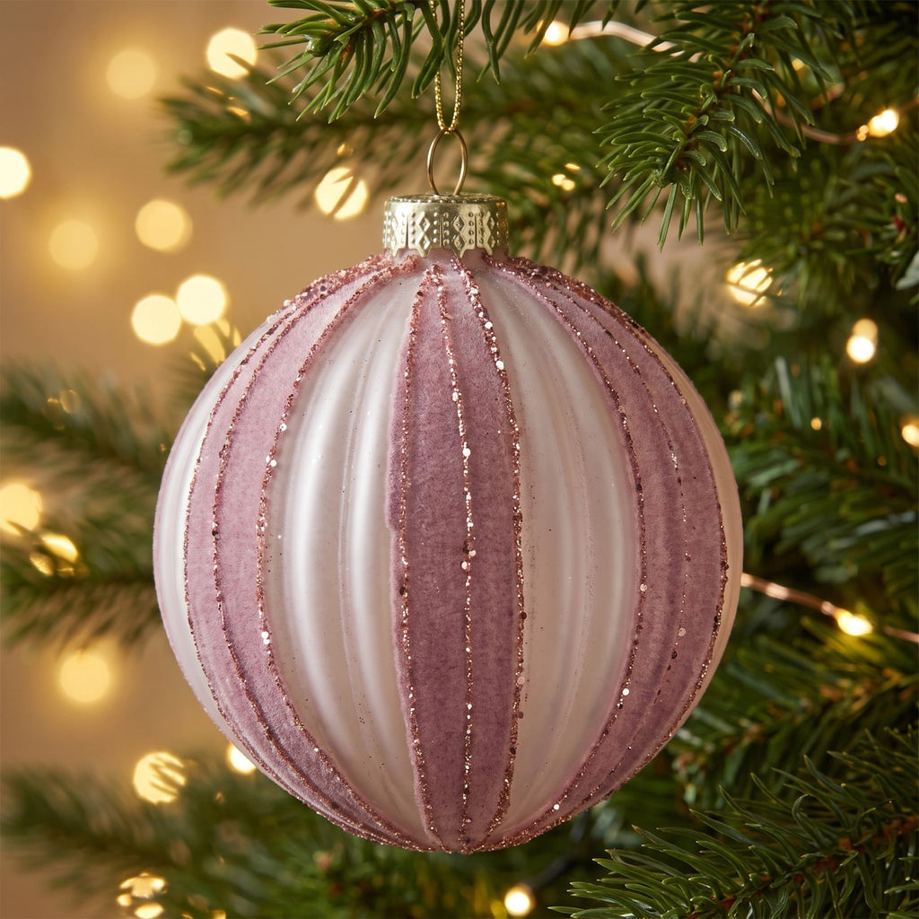 Christabelle 6 Dusty Pink Glass Christmas Baubles White Striped 8cm Xmas Tree Decorations Hanging Ornaments
