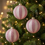 Christabelle 6 Dusty Pink Glass Christmas Baubles White Striped 8cm Xmas Tree Decorations Hanging Ornaments