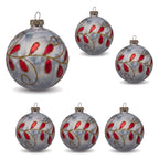 Christabelle 6 White Glass Christmas Baubles Red Jewel Leaf 8cm Xmas Tree Decorations Hanging Ornaments Gift Boxed Set
