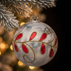 Christabelle 6 White Glass Christmas Baubles Red Jewel Leaf 8cm Xmas Tree Decorations Hanging Ornaments Gift Boxed Set