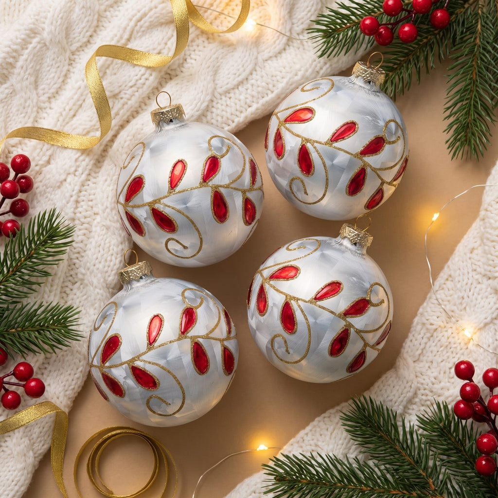 Christabelle 6 White Glass Christmas Baubles Red Jewel Leaf 8cm Xmas Tree Decorations Hanging Ornaments Gift Boxed Set