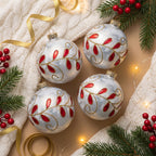 Christabelle 6 White Glass Christmas Baubles Red Jewel Leaf 8cm Xmas Tree Decorations Hanging Ornaments Gift Boxed Set