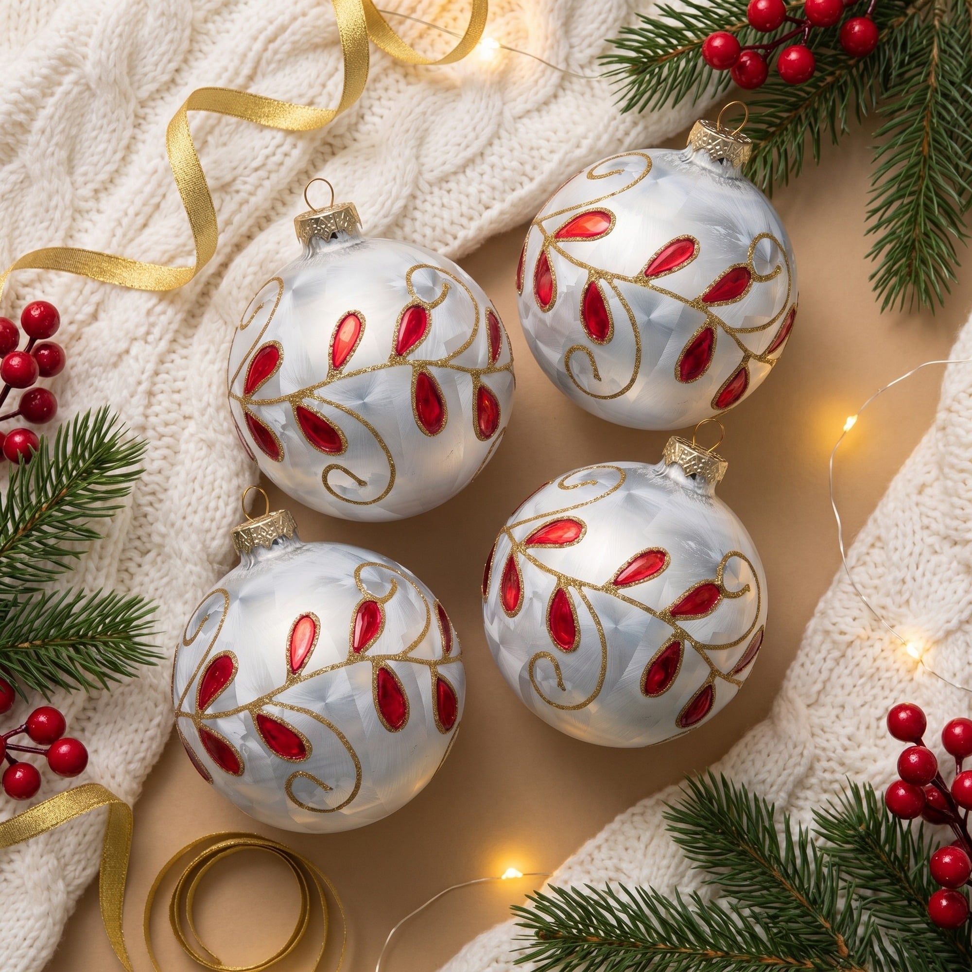 Christabelle 6 White Glass Christmas Baubles Red Jewel Leaf 8cm Xmas Tree Decorations Hanging Ornaments Gift Boxed Set