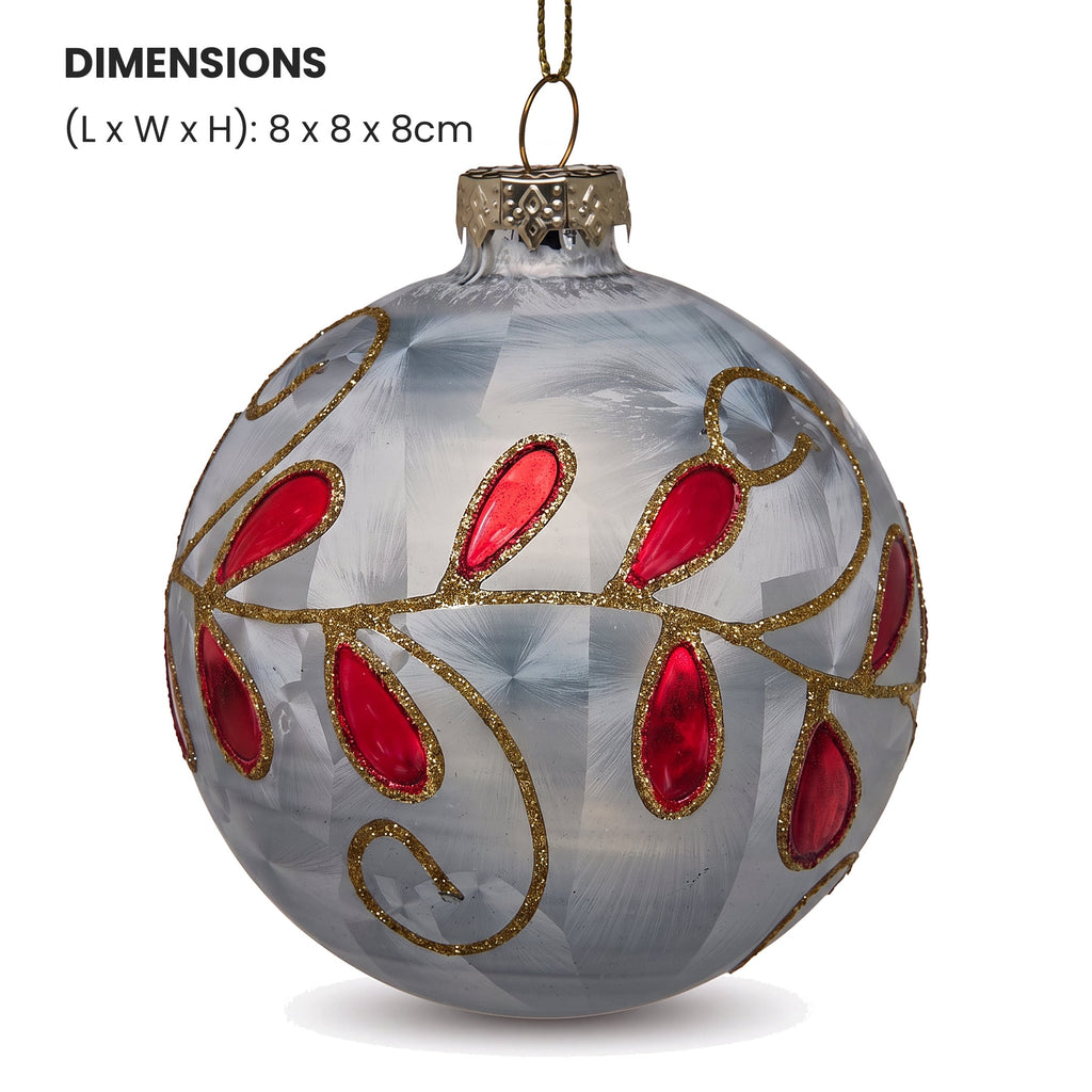 Christabelle 6 White Glass Christmas Baubles Red Jewel Leaf 8cm Xmas Tree Decorations Hanging Ornaments Gift Boxed Set