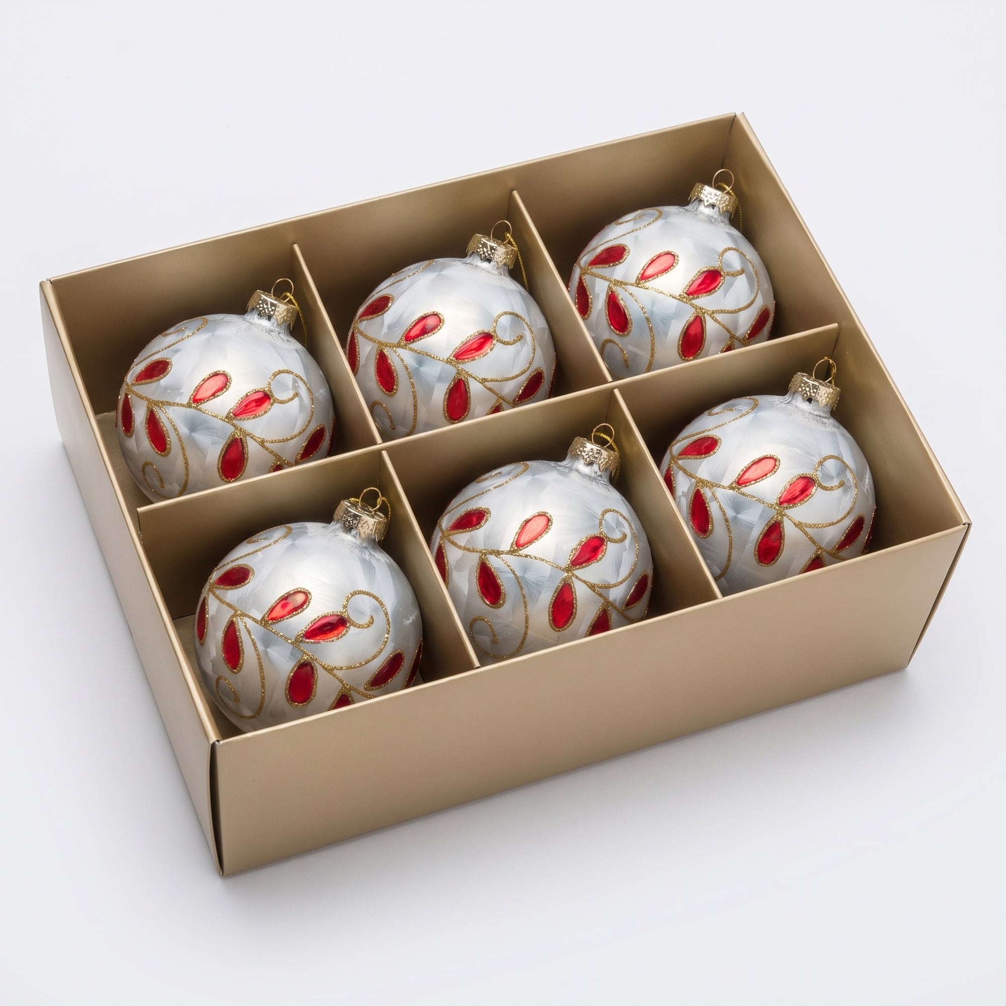 Christabelle 6 White Glass Christmas Baubles Red Jewel Leaf 8cm Xmas Tree Decorations Hanging Ornaments Gift Boxed Set
