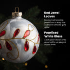 Christabelle 6 White Glass Christmas Baubles Red Jewel Leaf 8cm Xmas Tree Decorations Hanging Ornaments Gift Boxed Set