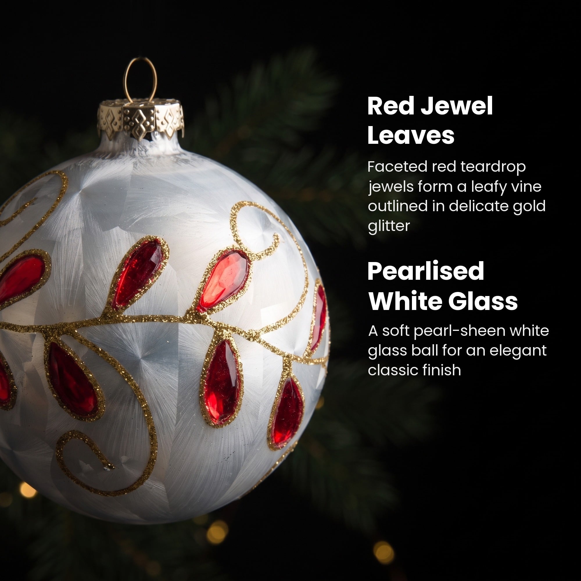 Christabelle 6 White Glass Christmas Baubles Red Jewel Leaf 8cm Xmas Tree Decorations Hanging Ornaments Gift Boxed Set