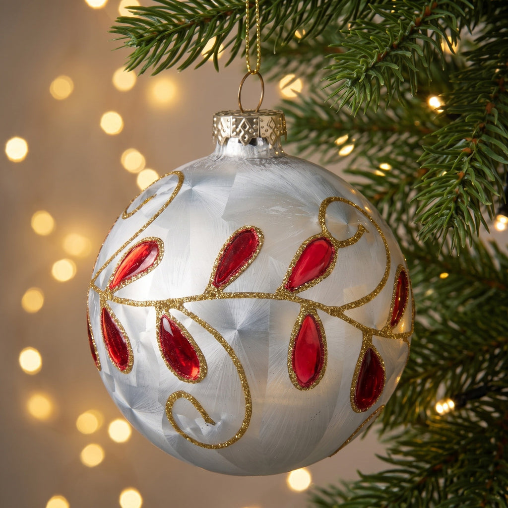 Christabelle 6 White Glass Christmas Baubles Red Jewel Leaf 8cm Xmas Tree Decorations Hanging Ornaments Gift Boxed Set