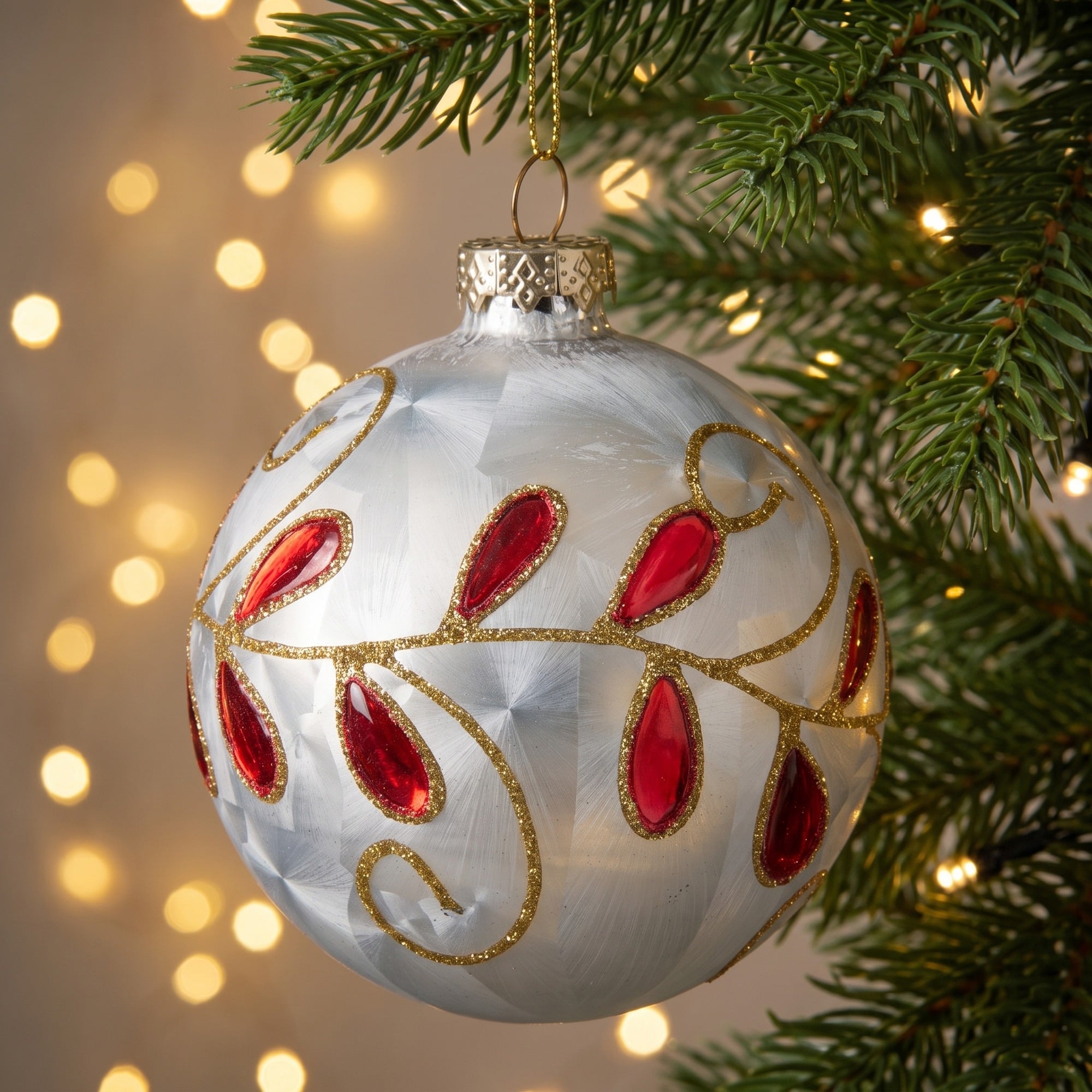 Christabelle 6 White Glass Christmas Baubles Red Jewel Leaf 8cm Xmas Tree Decorations Hanging Ornaments Gift Boxed Set