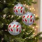 Christabelle 6 White Glass Christmas Baubles Red Jewel Leaf 8cm Xmas Tree Decorations Hanging Ornaments Gift Boxed Set