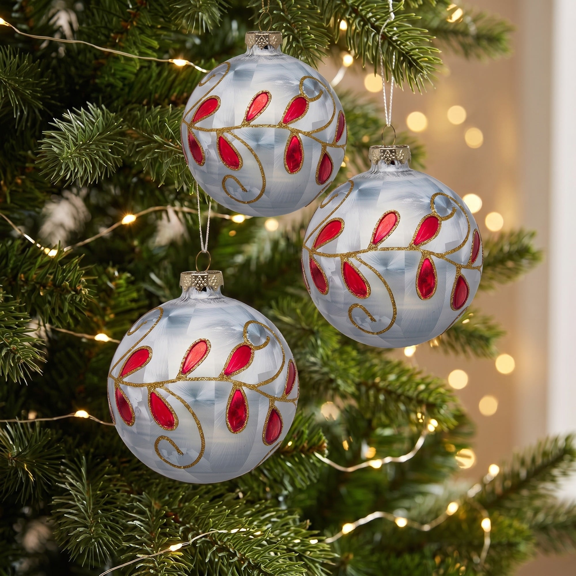 Christabelle 6 White Glass Christmas Baubles Red Jewel Leaf 8cm Xmas Tree Decorations Hanging Ornaments Gift Boxed Set