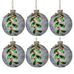 Christabelle 6 White Glass Christmas Baubles Green Jewel Leaf 8cm Xmas Tree Decorations Hanging Ornaments Gift Boxed Set