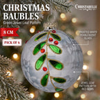 Christabelle 6 White Glass Christmas Baubles Green Jewel Leaf 8cm Xmas Tree Decorations Hanging Ornaments Gift Boxed Set