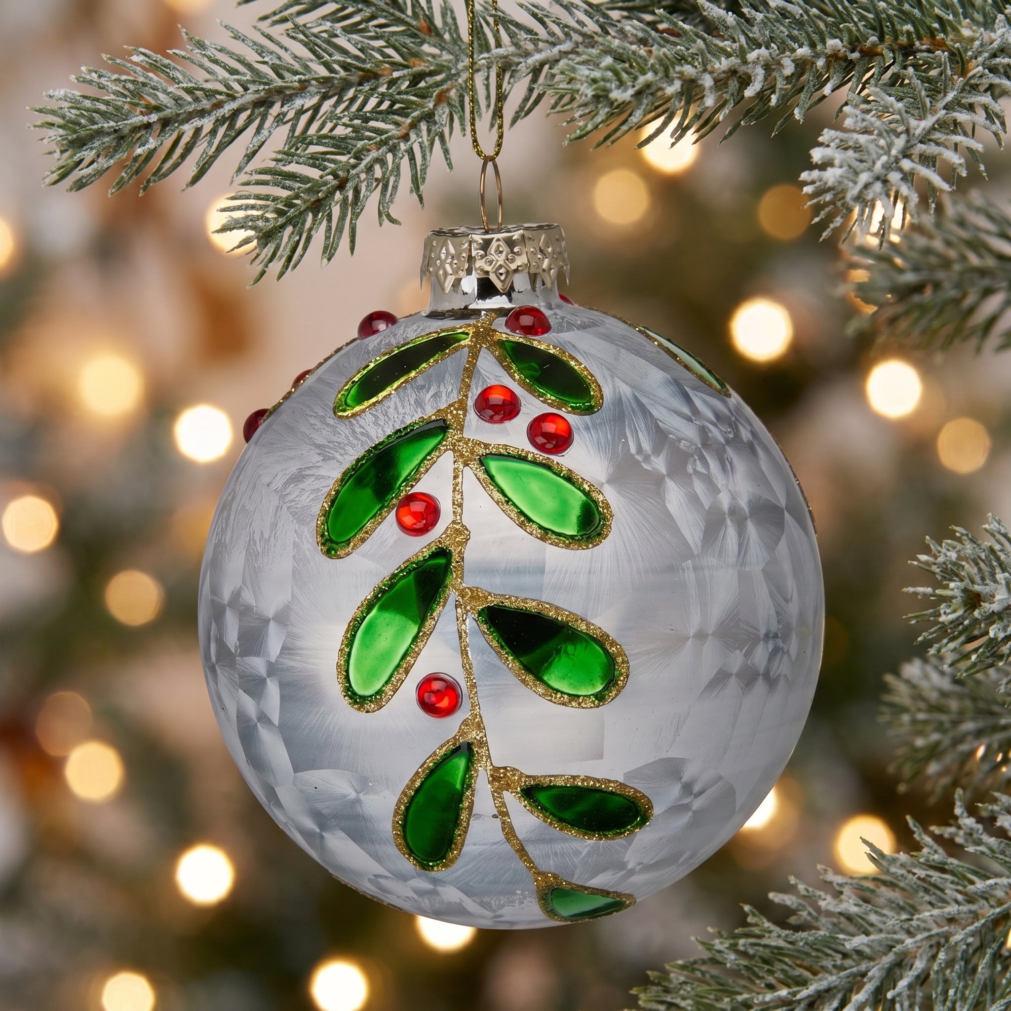 Christabelle 6 White Glass Christmas Baubles Green Jewel Leaf 8cm Xmas Tree Decorations Hanging Ornaments Gift Boxed Set