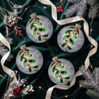 Christabelle 6 White Glass Christmas Baubles Green Jewel Leaf 8cm Xmas Tree Decorations Hanging Ornaments Gift Boxed Set