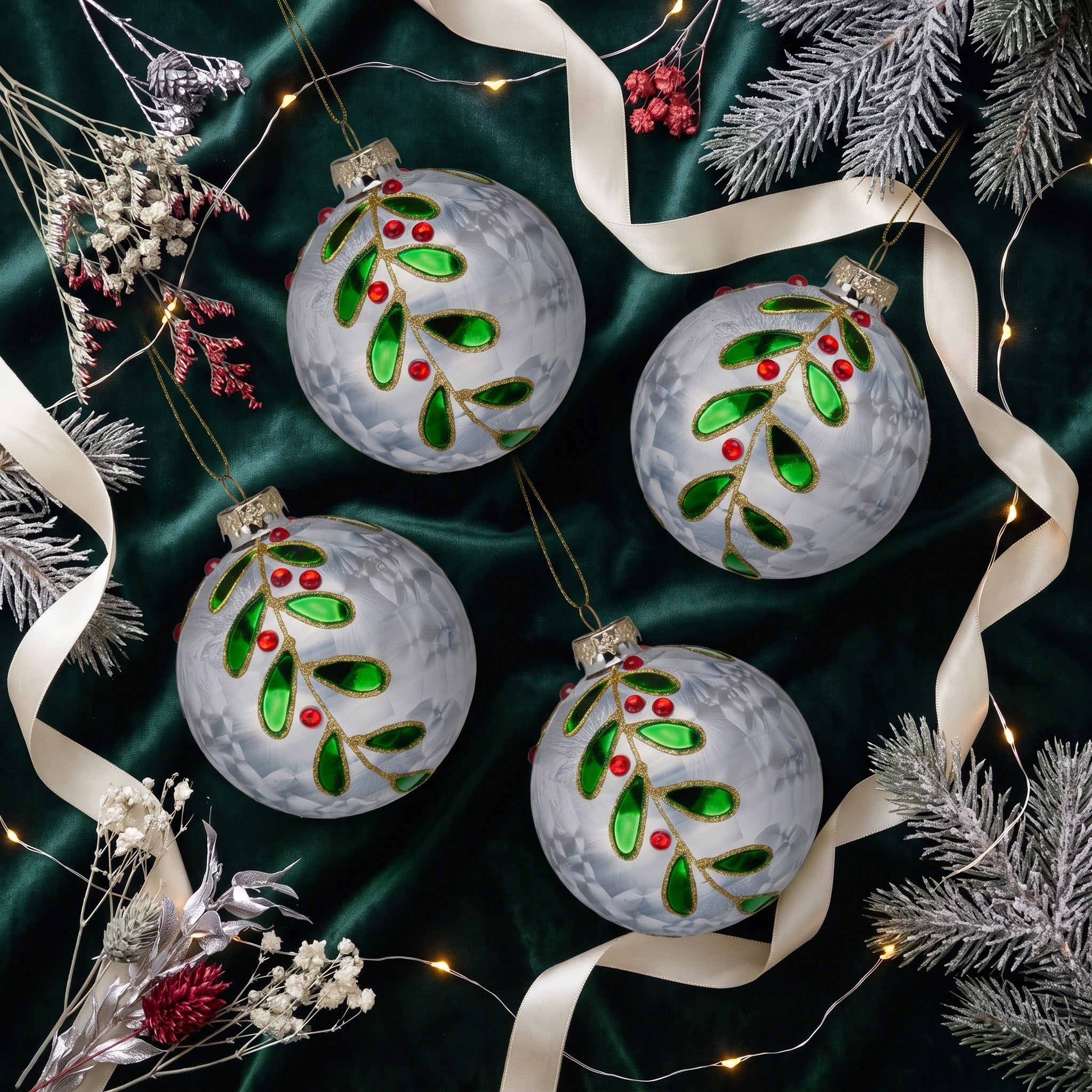 Christabelle 6 White Glass Christmas Baubles Green Jewel Leaf 8cm Xmas Tree Decorations Hanging Ornaments Gift Boxed Set