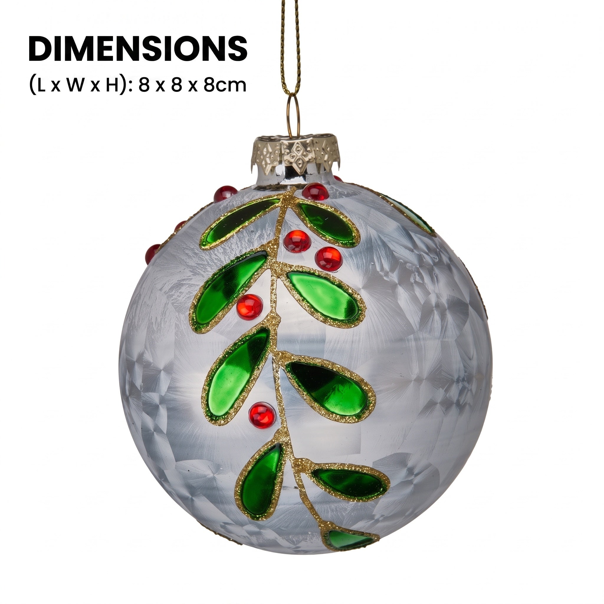 Christabelle 6 White Glass Christmas Baubles Green Jewel Leaf 8cm Xmas Tree Decorations Hanging Ornaments Gift Boxed Set