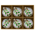 Christabelle 6 White Glass Christmas Baubles Green Jewel Leaf 8cm Xmas Tree Decorations Hanging Ornaments Gift Boxed Set