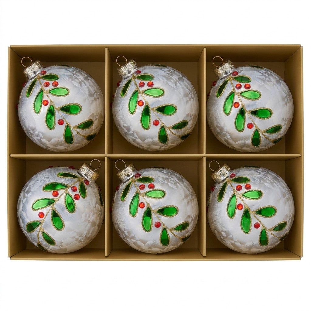 Christabelle 6 White Glass Christmas Baubles Green Jewel Leaf 8cm Xmas Tree Decorations Hanging Ornaments Gift Boxed Set