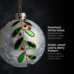 Christabelle 6 White Glass Christmas Baubles Green Jewel Leaf 8cm Xmas Tree Decorations Hanging Ornaments Gift Boxed Set