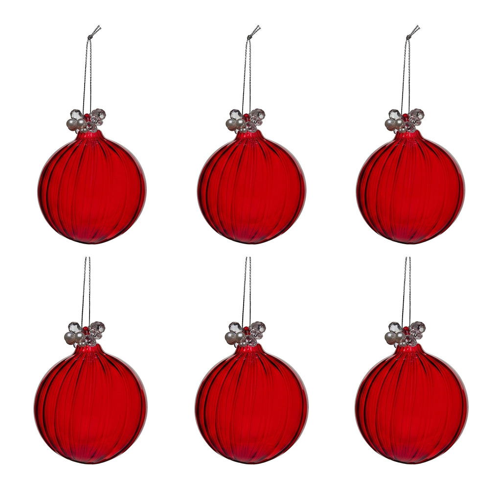 Christabelle 6 Red Glass Christmas Baubles Jewelled Top 8cm Xmas Tree Decorations Hanging Ornaments Gift Boxed Set