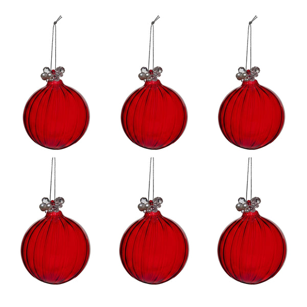 Christabelle 6 Red Glass Christmas Baubles Jewelled Top 8cm Xmas Tree Decorations Hanging Ornaments Gift Boxed Set