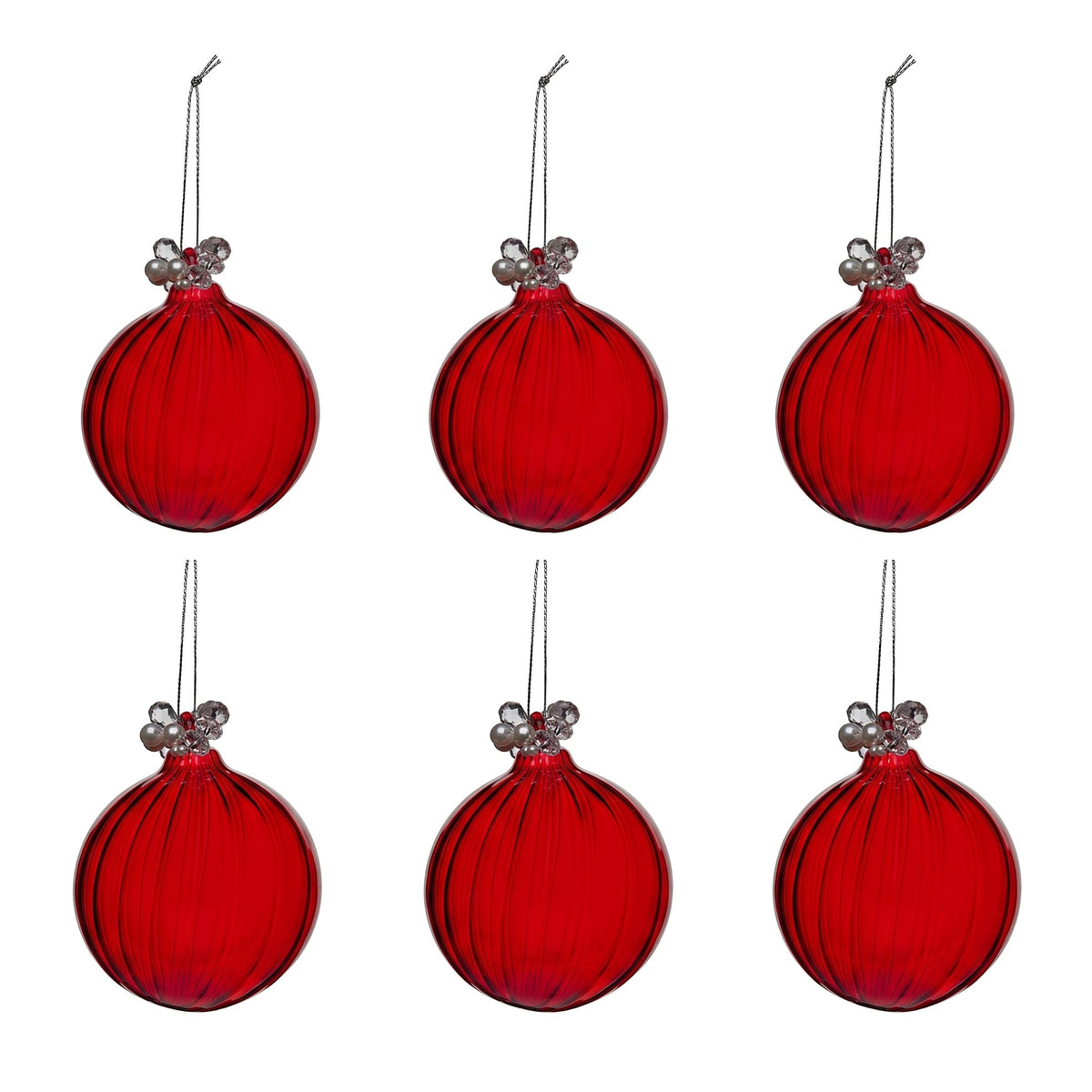 Christabelle 6 Red Glass Christmas Baubles Jewelled Top 8cm Xmas Tree Decorations Hanging Ornaments Gift Boxed Set