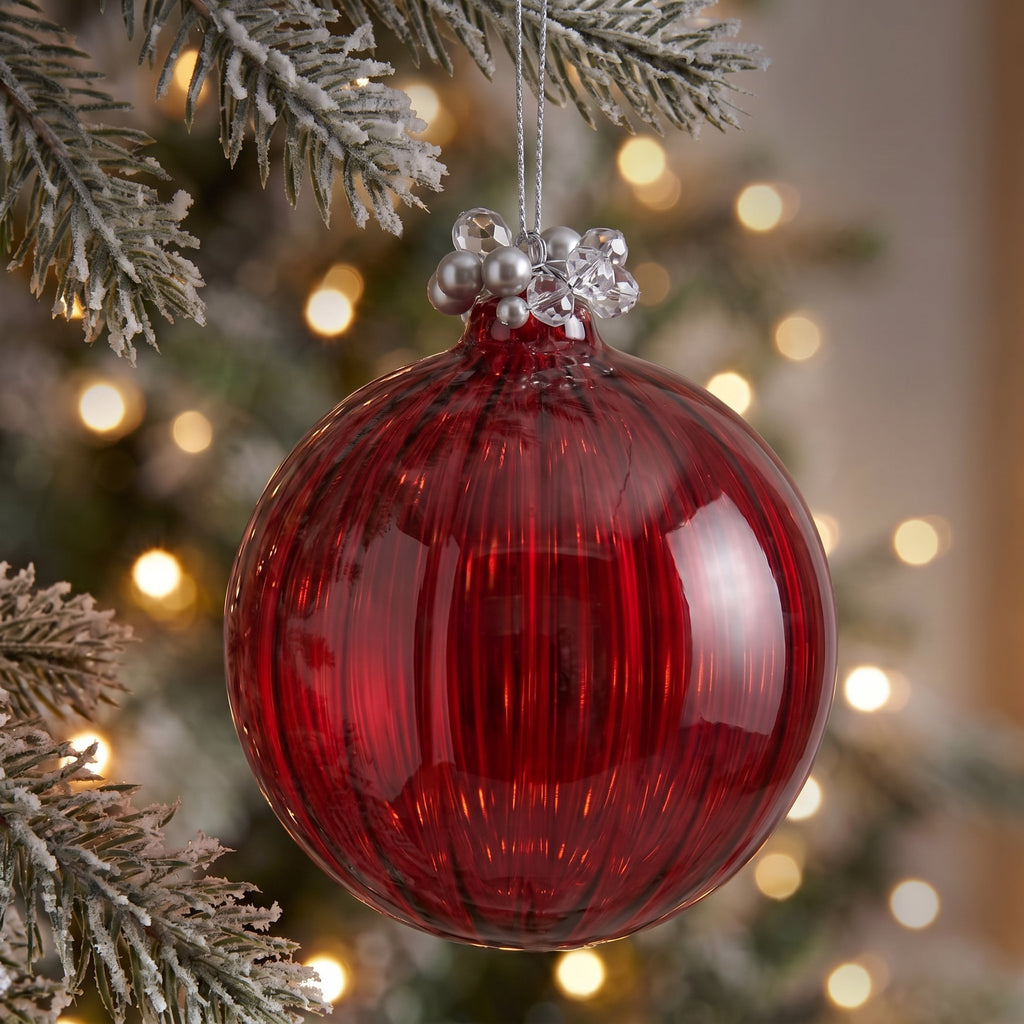 Christabelle 6 Red Glass Christmas Baubles Jewelled Top 8cm Xmas Tree Decorations Hanging Ornaments Gift Boxed Set