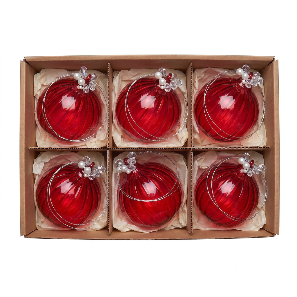 Christabelle 6 Red Glass Christmas Baubles Jewelled Top 8cm Xmas Tree Decorations Hanging Ornaments Gift Boxed Set