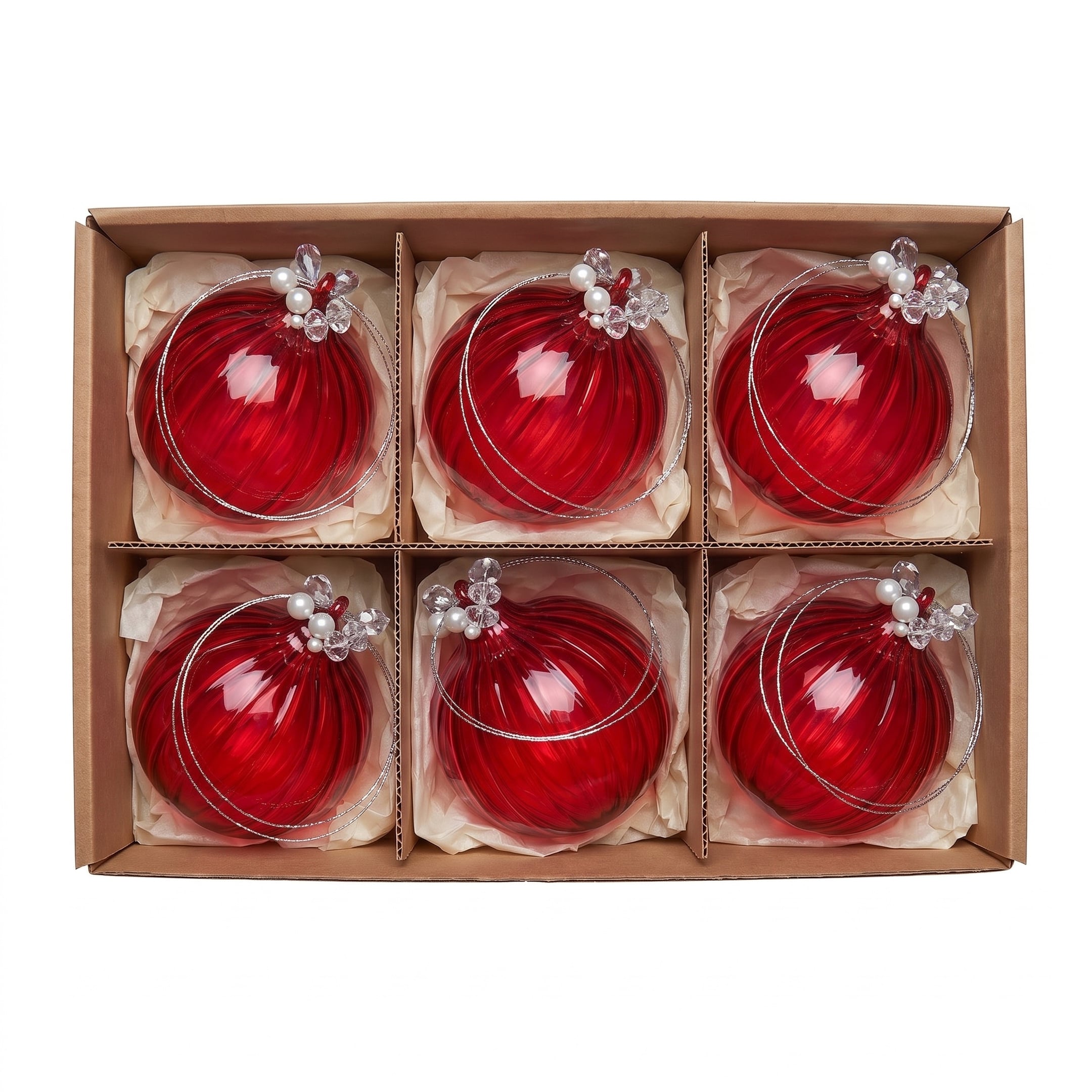 Christabelle 6 Red Glass Christmas Baubles Jewelled Top 8cm Xmas Tree Decorations Hanging Ornaments Gift Boxed Set