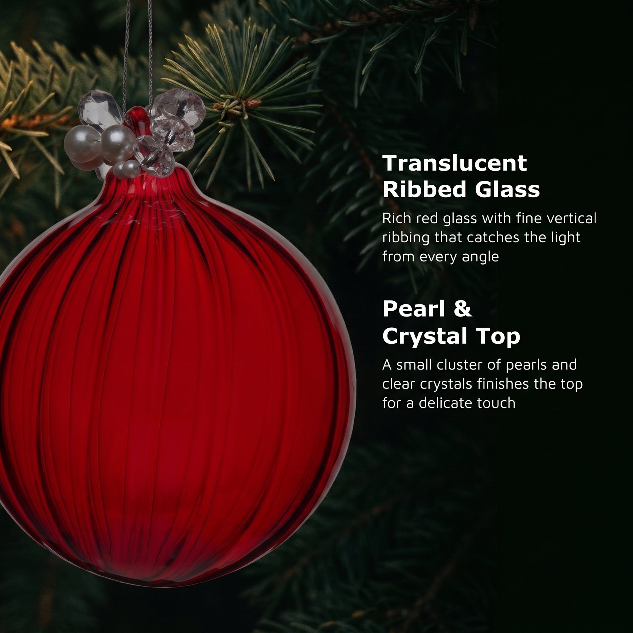 Christabelle 6 Red Glass Christmas Baubles Jewelled Top 8cm Xmas Tree Decorations Hanging Ornaments Gift Boxed Set