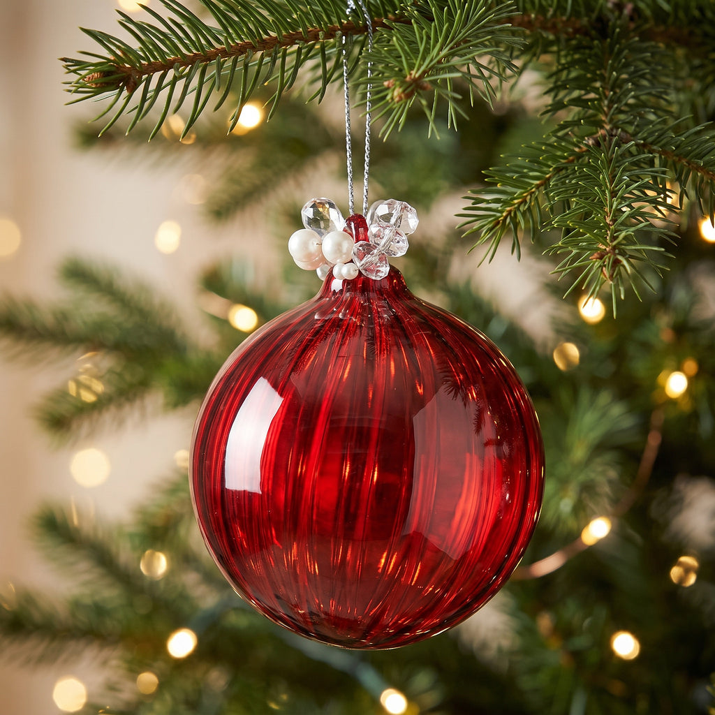 Christabelle 6 Red Glass Christmas Baubles Jewelled Top 8cm Xmas Tree Decorations Hanging Ornaments Gift Boxed Set