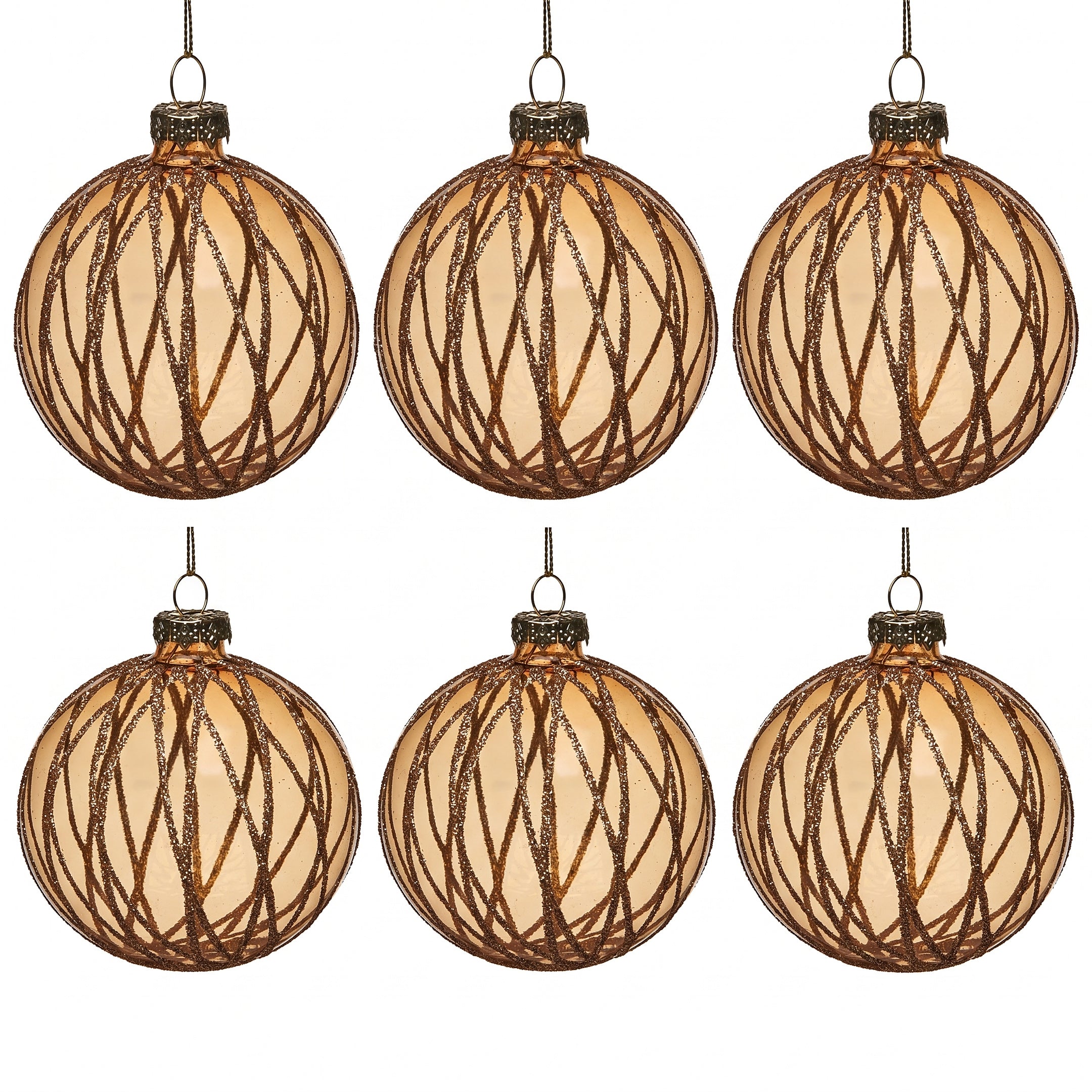 Christabelle 6 Gold Glass Christmas Baubles Shimmering Stripe Translucent 8cm Xmas Tree Decorations Hanging Ornaments