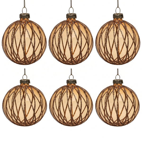 Christabelle 6 Gold Glass Christmas Baubles Shimmering Stripe Translucent 8cm Xmas Tree Decorations Hanging Ornaments