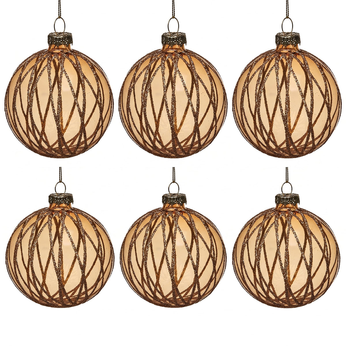 Christabelle 6 Gold Glass Christmas Baubles Shimmering Stripe Translucent 8cm Xmas Tree Decorations Hanging Ornaments