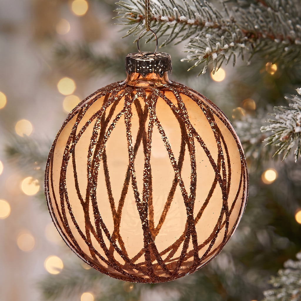Christabelle 6 Gold Glass Christmas Baubles Shimmering Stripe Translucent 8cm Xmas Tree Decorations Hanging Ornaments