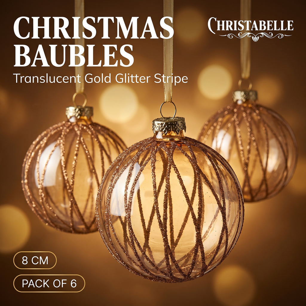 Christabelle 6 Gold Glass Christmas Baubles Shimmering Stripe Translucent 8cm Xmas Tree Decorations Hanging Ornaments