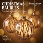 Christabelle 6 Gold Glass Christmas Baubles Shimmering Stripe Translucent 8cm Xmas Tree Decorations Hanging Ornaments