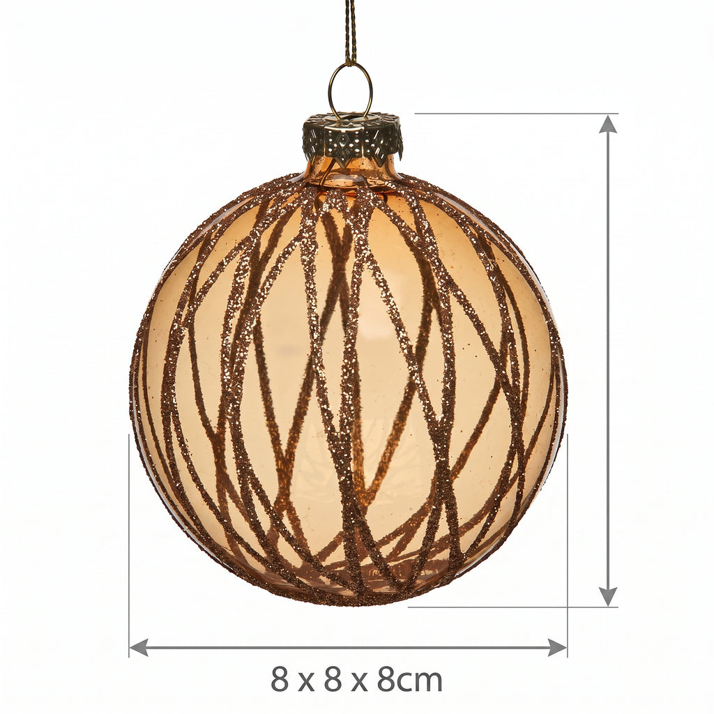 Christabelle 6 Gold Glass Christmas Baubles Shimmering Stripe Translucent 8cm Xmas Tree Decorations Hanging Ornaments