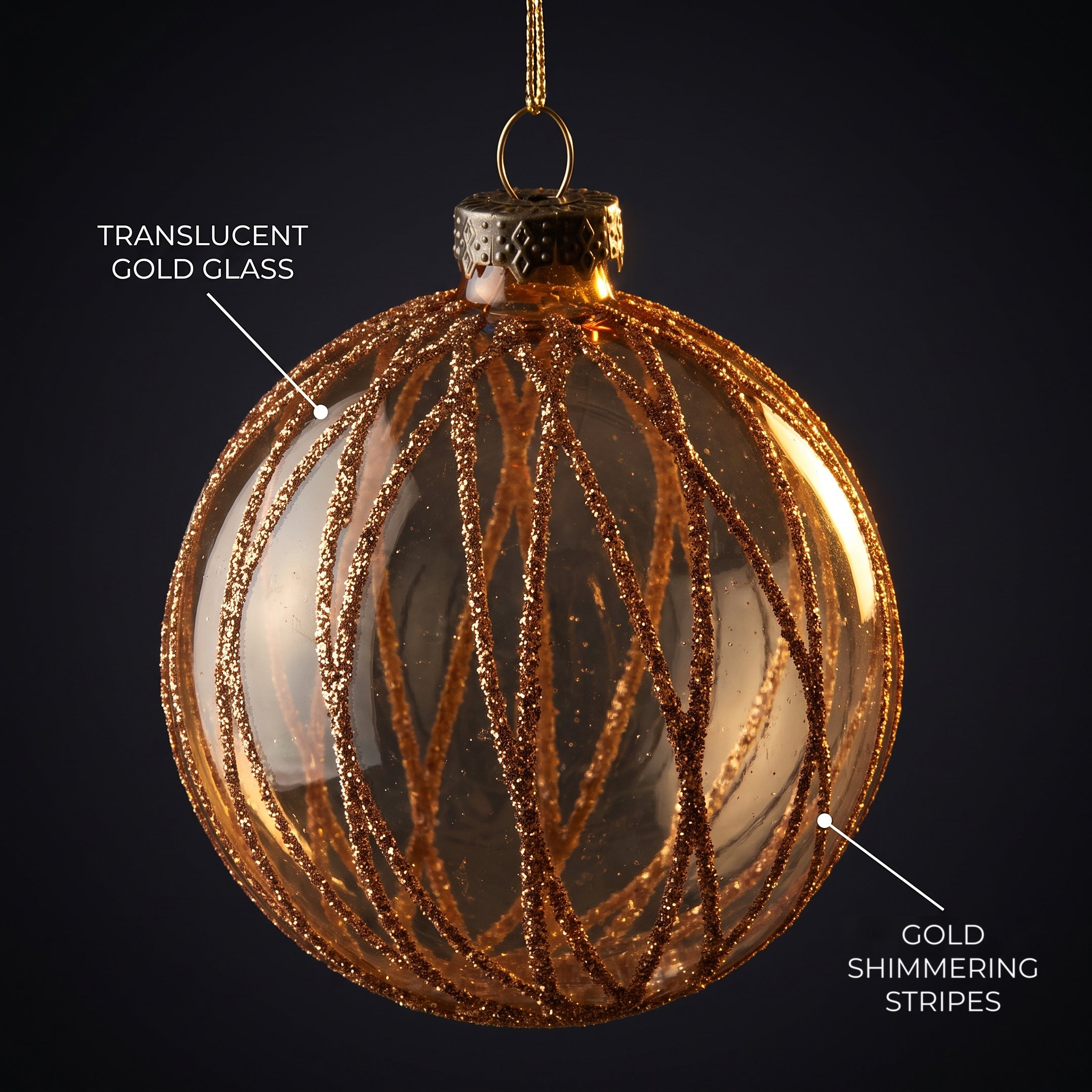Christabelle 6 Gold Glass Christmas Baubles Shimmering Stripe Translucent 8cm Xmas Tree Decorations Hanging Ornaments