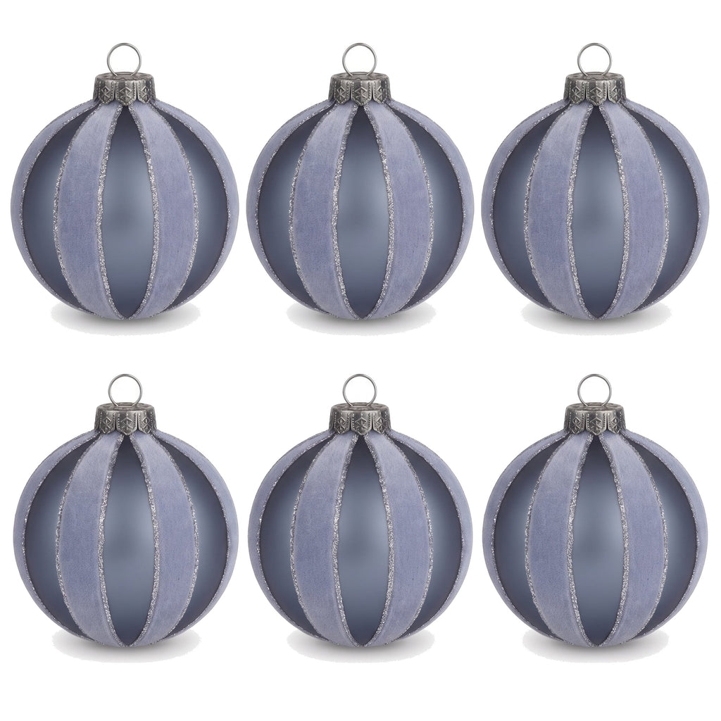 Christabelle 6 Grey Glass Christmas Baubles Velvet Stripe Silver Trim 8cm Xmas Tree Decorations Hanging Ornaments