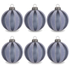 Christabelle 6 Grey Glass Christmas Baubles Velvet Stripe Silver Trim 8cm Xmas Tree Decorations Hanging Ornaments